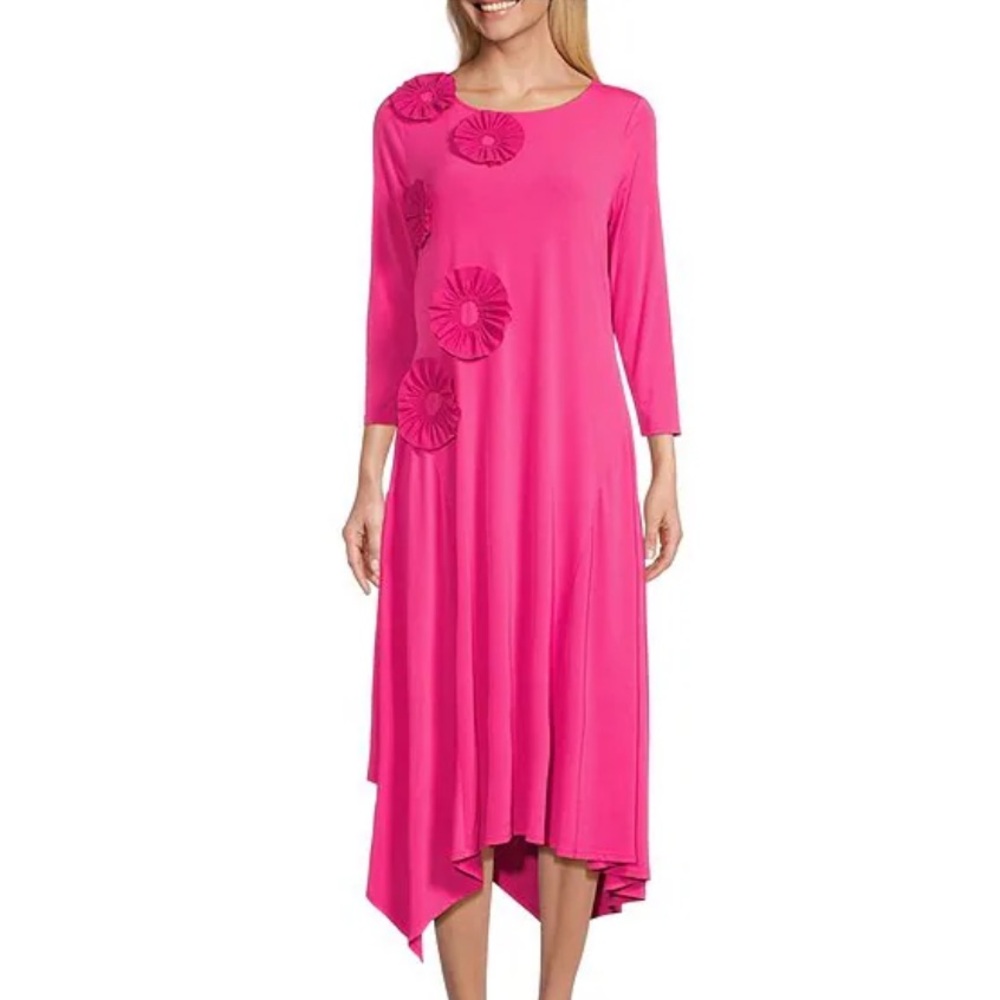 IC Collection Floral Appliques 3/4 Sleeve A-Line Asymmetrical Hem Midi Dress